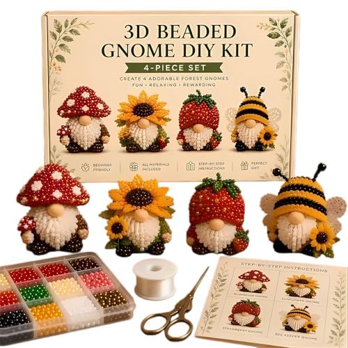 3D Beaded Gnome DIY Kit, 4-Pack Mini Beading Set with Instructions, Pastoral Theme for Adults and Beginners (C)
