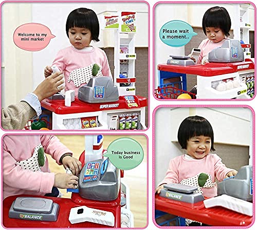 Image of Kids Supermarket Shopping Cart Toy Set, Age 3+ Years | Cash Register, Scanner, Basket, Pretend Grocery Food Accessories, Lights & Sounds