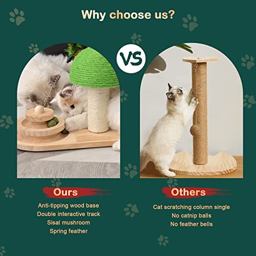 Cat Toys 3 In 1 Wooden Cat Ball Track Roller With Feather & Mushroom Cat Scratcher Post,Interactive Cat Toy With 8 Removable Balls For Indoor Cats #TOP3