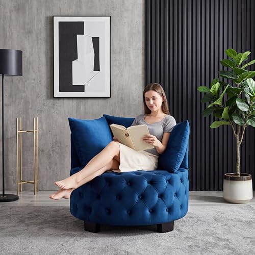 Vetioc Velvet Accent Lounge Chair - 31.25W Upholstered Button Tufted Velvet Barrel Chair with 3 Pillows with Button Tufted Modern Round Club Chair Reading Sofa Chair (Navy Blue)
