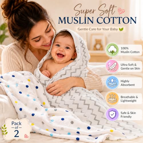 Image of Organic Cotton Muslin Pack of 2 Baby Bath Towel Cotton Cloth Premium Baby Washable, Reusable, Absorbent, Extra Soft 120 X 120 Cm Multi Dot & Grey Zigzag