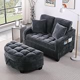 Modern 2-Seater Chaise Lounge Sofa with Storage Ottoman, Ergonomic S Curve Backrest Irregular Armrests, Space-Saving Loveseat for Living Room & Bedroom, Includes 2 Pillows