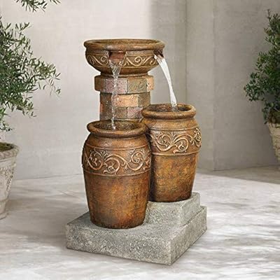 Tuscan Rustic Zen Outdoor Floor Fountain and Waterfalls 31 1/2" High with LED Light Cascading Basins for Garden Patio Backyard Deck Home Lawn Porch House Exterior Balcony - John Timberland