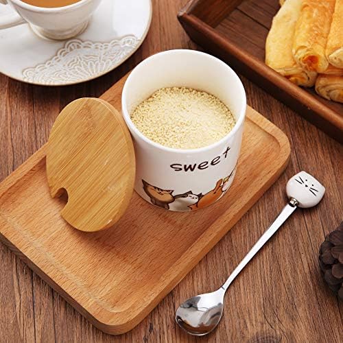 Sugar Bowl with Lid and Spoon, ChaseChic 9oz/266ml Ceramic Sugar Pot, Cute Cat Pattern Covered Sugar Bowl for Home and Kitchen, Gift for Cat Lovers