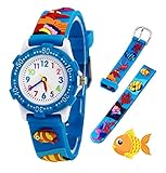 Kinder Analog Armbanduhr, Tägliche Wasserdicht Mädchen Jungen Zeit Lehrer Uhr Kinderspielzeug mit 3D Karton Silikonband für Kleine Kleinkinder Geburtstag/Xmas RSVOM (Fish)