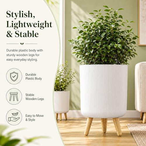 Image of Eightiz Store Modern White Flower Pot with Plastic Legs | Indoor Outdoor Planter for Home Garden Balcony Decor Ribbed Design Sturdy Plastic Mid-Century Style (White, Pack of 1)