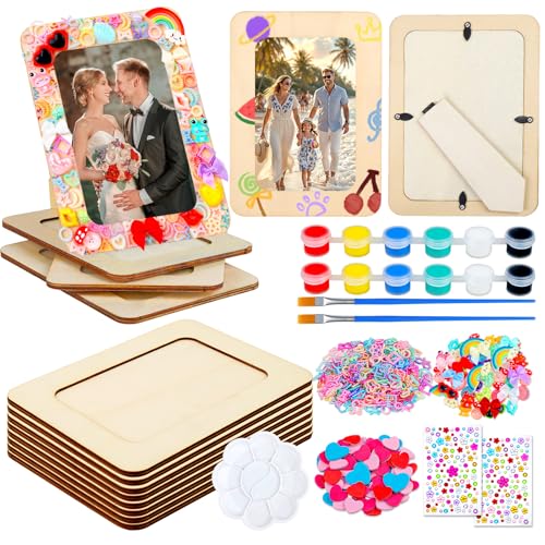 Image of Picture Frame Painting Craft Kit,12 Pack Unfinished Wooden Picture Frames 4 x 6 Inch with Pearl Resin Diamond and Foam Stickers for DIY Paint and Decorate Craft Birthday Wedding Gifts