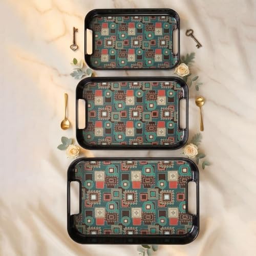 Image of Double Laminated Printed Serving Tray (Black Small, Medium, Large) -Set of 3 Pieces(Melamine, Rectangular)