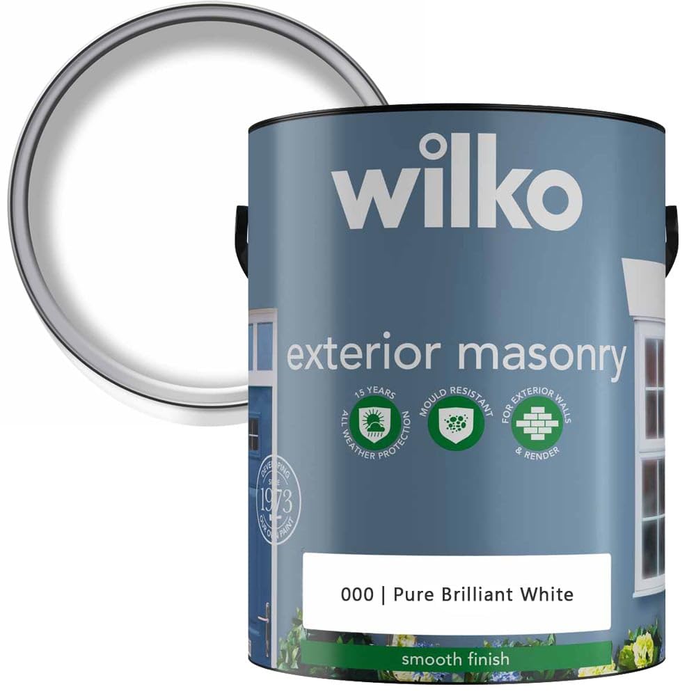 wilko 5L Masonry Paint, Pure Brilliant White, Smooth Finish, Weather Protection, Mould Resistant, UV Resistant, 50 Square Metres Coverage, For Exterior Walls