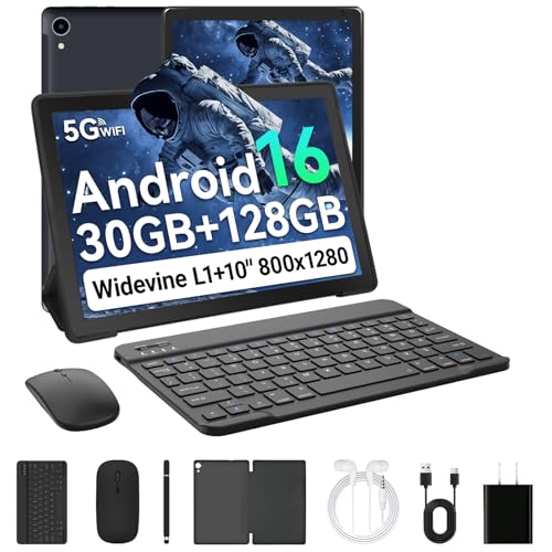 Laptok Android 16 Tablet 10 Pollici, 30GB RAM+128GB ROM, Octa Core 2.0GHz /WiFi 6+2.4G/GMS/6000mAh/Bluetooth 5.4/Widevine L1/8MP+5MP/Tablet 2 in 1 con Tastiera, Mouse, Cuffie, Penna e Custodia