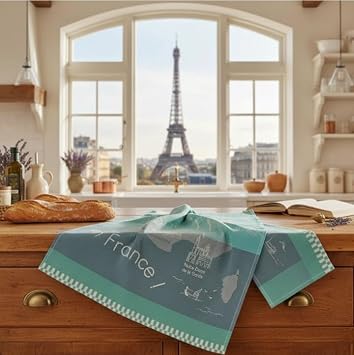 Metr Coucke, Travel in France, Green Voyagez en France French Kitchen/Tea Towel 100% Cotton, Imported