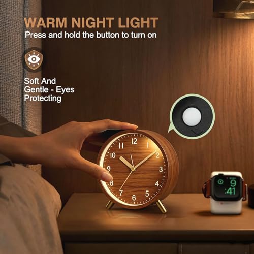 Analog Alarm Clock, Silent Non-Ticking with Night Light, Retro Fashionable Round Metal Alarm Clock for Office, Battery Operated, Bedroom, Elderly, Adults, Men Gifts Back to School,Wood-like Color - Image 4