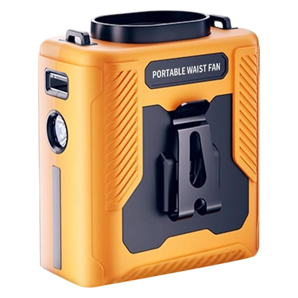 Teuypty Orange Yellow Power Bank Powered Outdoor Portable Waist Fan Hanging Neck Fan Strong Wind For Sports Courier Outdoor Work