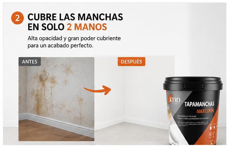 TAPAMANCHAS al agua para paredes y techos. Máxima cubrición. Humo, óxido, café, grasa, aceite. Cubre manchas en 2 manos. (4 Litros)
