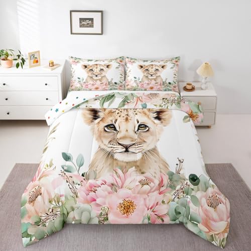 Erosebridal Cute Lion Bedding Set for Kids,Pink Floral Comforter Set Girls Boys Baby Lion Duvet Insert Safari Animal Quilt Duvet,Tropical Plants White Bedroom Decor Children's Day Caring Gifts