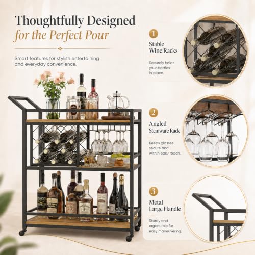 Image of FATORRI Bar Cart with Wheels, Wine & Liquor Cart for Home