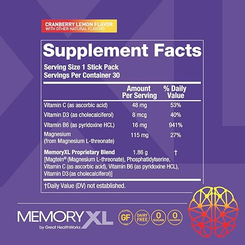 MemoryXL, Treonato de Magnesio L: Suplemento cerebral para la memoria y la concentración; Magtein®, Fosfatidilcolina, Mezcla de vitaminas. Mejora la memoria, la concentración, la atención, el