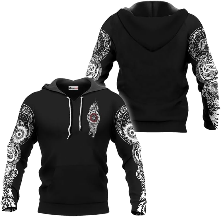 Viking Tatoo Hoodie Men’s Long Sleeve Graphic 3D Print Pullover Hooded Viking Apparel Sweashirt Hoodies