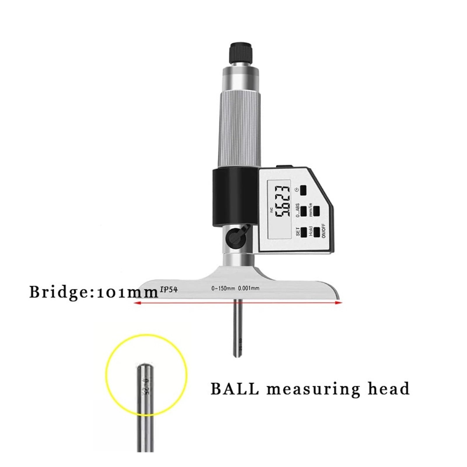 Micrómetro de profundidad 0-25 0-50 0-100 0-200 0-150 mm/0,01 Longitud del puente 63 mm(0-50mm 2 rod)