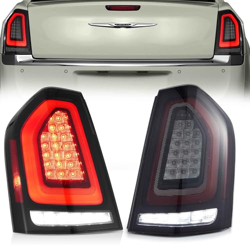 VLAND LED Tail Lights Assembly Fit for 2011-2014 Chrysler 300 Rear Lights with Dynamic Startup Animation DRL Smoked