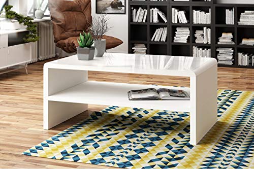 All4All Couchtisch Riva - Kleiner Kaffeetisch - Wohnzimmertisch – Sofatisch mit Ablagen - kompakte Größe - Sofatisch - 100x60cm - 05 - Weiß Hochglanz + Weiß matt