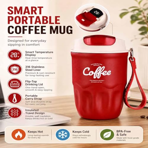 Image of GDSAFS Coffee Vacuum Flask, 12 OZ Insulated Coffee Travel Mug with Led Digital Temperature Display, Coffee Travel Mug Spill Proof with Carry Cord for Keep Hot /Ice Coffee,Tea and Beer (2pcs-smart-b)