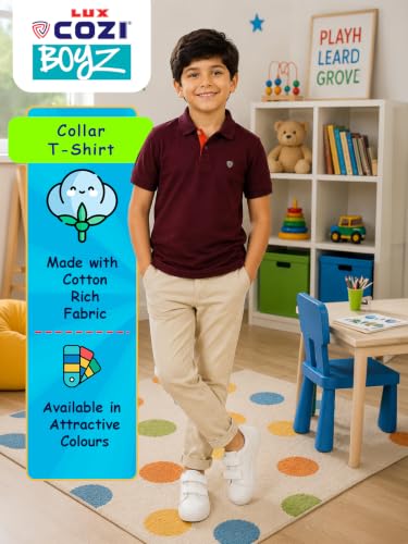 Image of Lux Cozi Boy's Polycotton Polo T-Shirt | Solid Collared Half Sleeve Tee for Kids | Soft Breathable Summer Wear | Casual Smart Polo T-Shirt | 3-14 Years