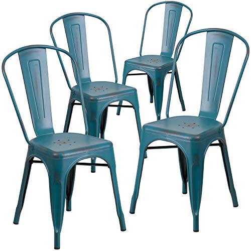 Flash Furniture Commercial Grade 4 Pack Distressed Kelly Blue-Teal Metal Indoor-Outdoor Stackable Chair