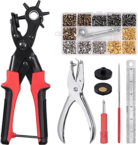Leather Hole Punch Set, Kamtop 240 PCS Leather Double Cap Rivets with 1 PCS Heavy Duty Punch Plier, Belt Hole Puncher Revolving Leather Hole Punch Leather Rivets Tool Kit for Leather Belt Shoes Fabric