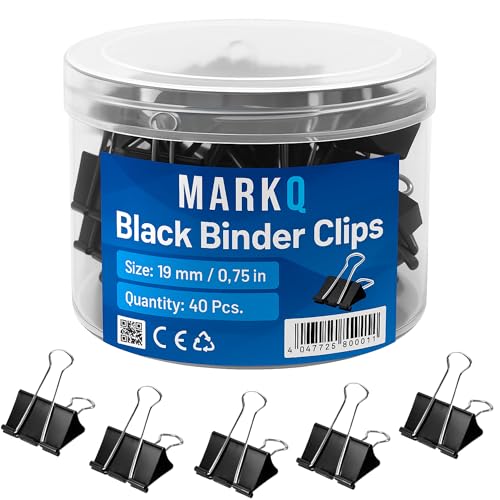 MARKQ Black Metal Binder Clips | Strong Corrosion-Resistant Foldback Paper Clamps for Office Home School Documents Notes & Files Organization - Small 19mm - Pack of 40
