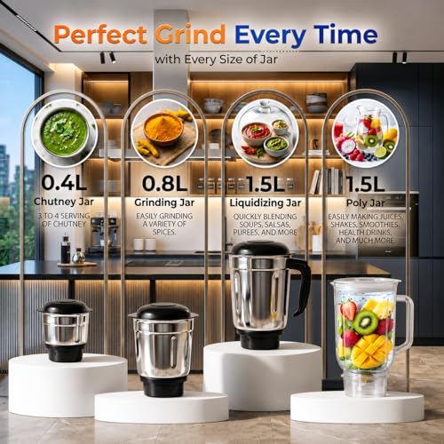 Image of Growsmart HydroGrind Powerful 750 W Juicer Mixer Grinder For Kitchen 4 Jars (3 Stainless Steel + 1 Juicer) Mixie For Mixing, Grinding, Juicing 4 Years Warranty (Grey & Black)