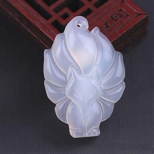 天然多色翡翠九尾狐ペンダント瑪瑙ネックレスファッションチャームジュエリー彫刻カルセドニーお守り女性のためのギフト (Color : 白い)
