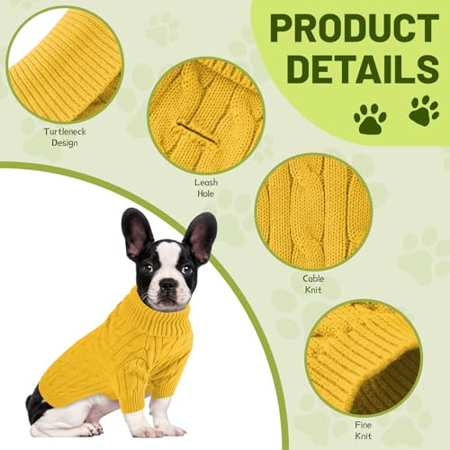 Image of Small Dog Thermal Pullover Sweater, Classic Turtleneck Cable Knitwear Dog Clothes for Cold Weather Warm Pet Clothes for Chihuahua, Bulldog, Dachshund, Pug Yellow Small