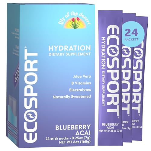 Lily of the Desert EcoSport Instant Hydration Packets - Naturally Sweetened with Electrolytes Vitamin C B Vitamins & Aloe Blueberry Acai 24 Count 0.25 Oz Ea