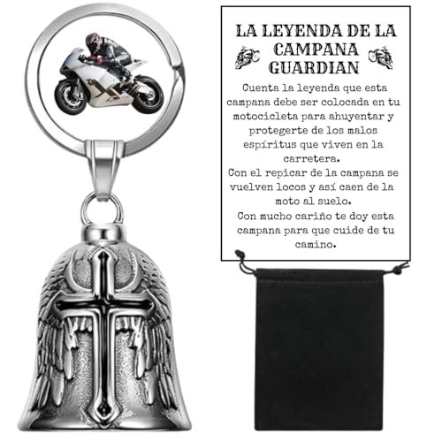 Pack Regalo - Llavero Moto Campana Guardián - Campana Motera de la Suerte - Regalo Moteros Hombre - Amuleto de Protección y Buena Suerte para la moto. PACK:1 Llavero Guardián Bell,1Bolsa Negra,1Carta