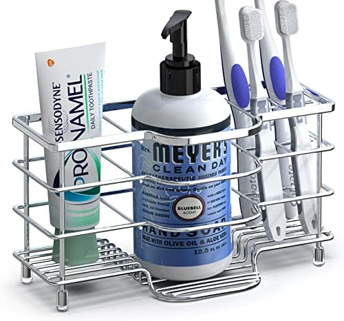 Linkidea Ventilated Toothbrush Holder for Bathroom, Stainless Steel Tooth Brush Stand for Toothbrush, Toothpaste, Razor, Hand Soap, Vanity Countertop 6 Slots Organizer (Chrome)