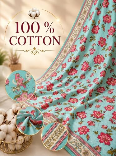 Image of Mafatlal 144 TC Heritage 100% Pure Cotton Jaipuri Bedsheet with Pillow Cover (90x60 inches) | Soft & Breathable Fabric | Traditional Floral Print | Teal Blue