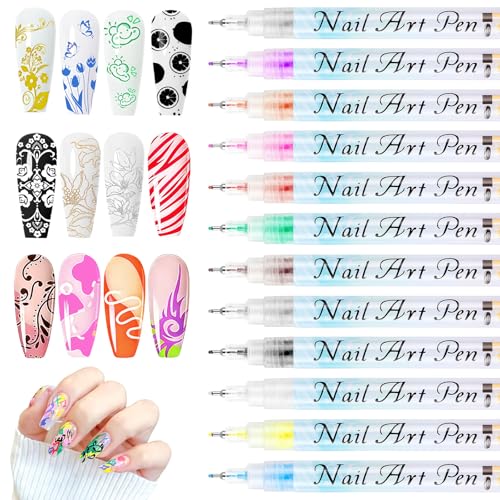 12 Couleurs Stylo Vernis à Ongles, 3D Stylos Nail art à Pointe 0,5 mm, Marqueur Stylo Nail Art Ongle pour Graffiti DIY, Iignes et Points sur Ongles Naturels, Gel et...