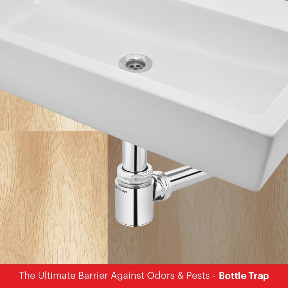 Johnson Dew Bottle Trap for Wash Basin with 190 mm Outlet Pipe | Brass Material | Chrome Plated Glossy Finish with Wall Flange | Anti Cockroach Trap | 2 Years Warranty (Pack of 1)