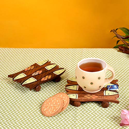 Image of Aakriti Art Creations Hand Painted Fish Wooden Coaster (Set of 2)
