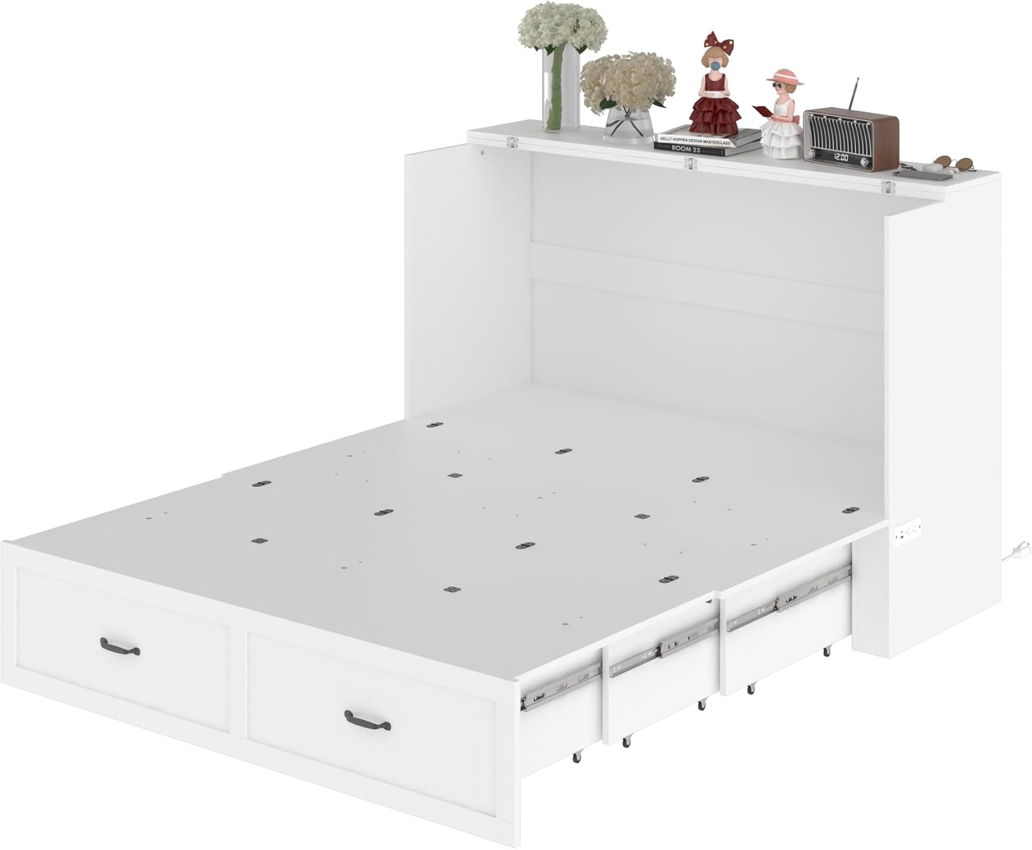 FAMAPY Queen Size Murphy Bed Queen Murphy Bed Chest with Charging Station & Large Storage Drawer, Hideaway Queen Foldable Platform Bed for Home, White, 81”L x 61.9”W x 44.3”H