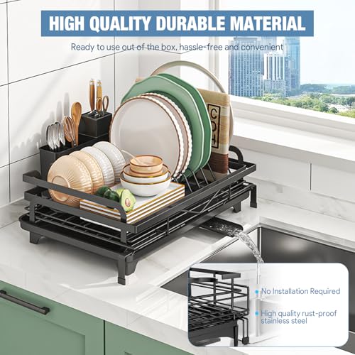 Image of DEVA Dish Drying Rack, Stretchable Large Utensils Drying Rack, Stainless Steel Kitchen Dish Rack with Drainer Tray