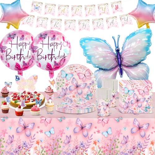 Schmetterling Geburtstag Deko Set, 92 PCS Partygeschirr für 20 Gäste...