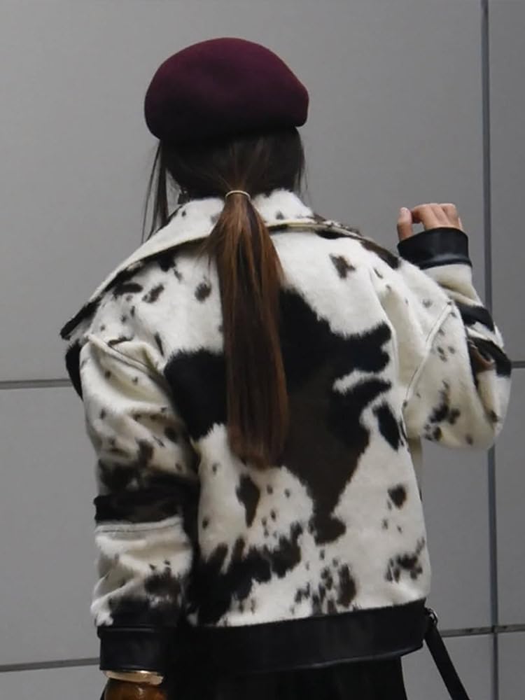 Fleece Jacket for Women Cow Print Long Sleeve Collared Jackets Fall and Winter Comfy Trendy Clothes