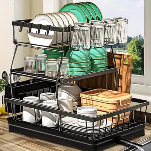 3 Tier Dish Racks for Kitchen Counter - Automatic Drainage Large Dish Drying Rack - Rust Proof Dish Drainers for Kitchen Counter - Escurridor de Platos-Black