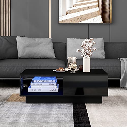 Table basse brillante moderne table de salon rectangulaire noire avec finitions laquées et LED