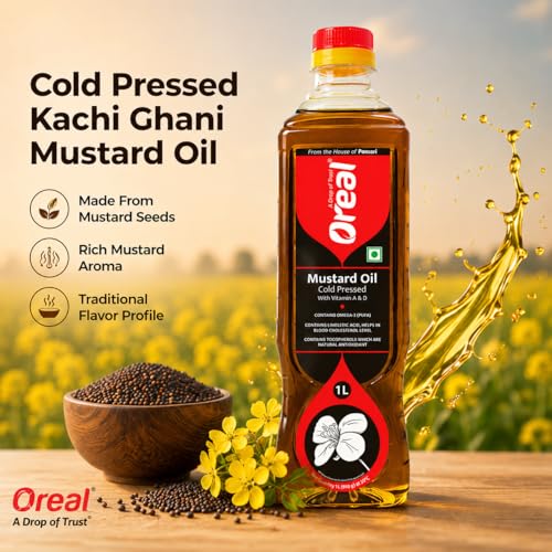 Image of Oreal Organic Kacchi Ghani Mustard Oil, 1L (Pack of 3)