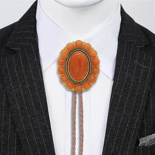 Image of GelConnie Bolo Tie for Men Women Western Cowboy Turquoise Leather Necktie | Natural Stone Bolo Tie Necklace for Women Rodeo Cowboy Leather Necktie Native American Western Cowgirl Ties Adjustable Cord