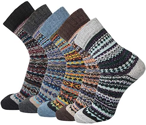 5 Pack Womens Wool Socks Winter Warm Socks Thick Knit Cabin Cozy Crew Soft Socks Gifts for Women, Grey Brown