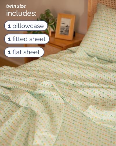 Image of Twin 3 Piece Floral Sheet Set - Soft, Breathable & Cooling - Tile Garden | 1 Flat, 1 Fitted & 1 Pillowcase w / Deep Pockets, Boho Botanical Floral Bedding, Breathable & Cooling, Wrinkle & Fade Free